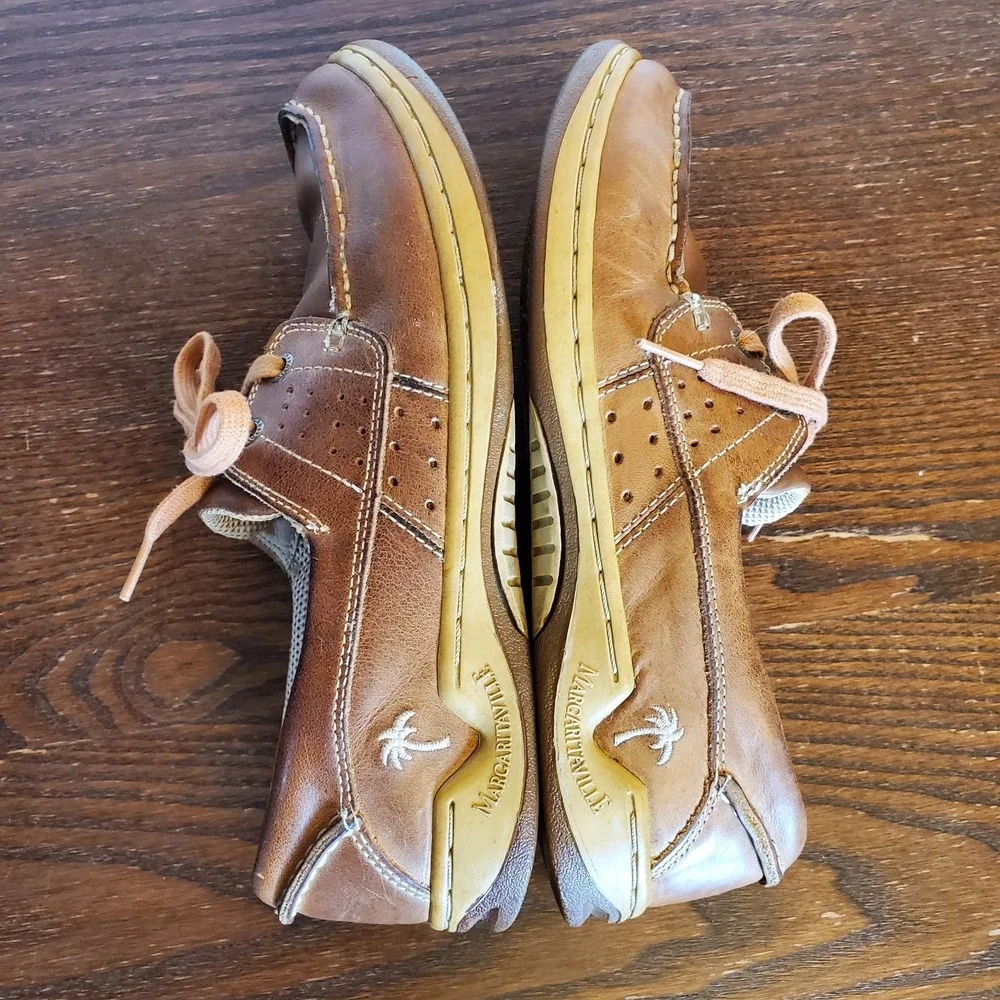 Margaritaville 'DREAMIN' Leather Mens Size 8 Anchor Tan Boat Shoes 2-Eye Loafers
